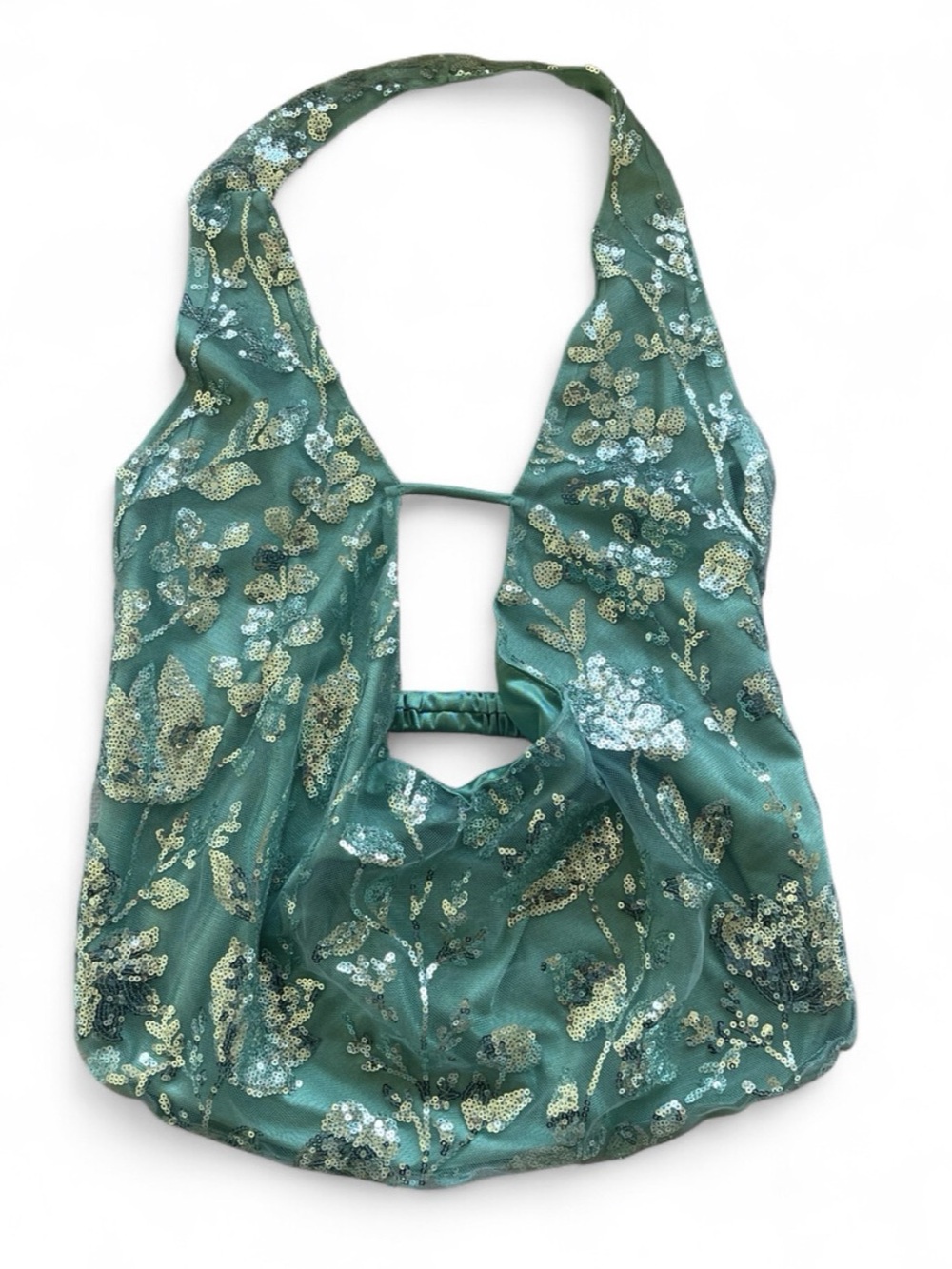 Y2Kcore Sequin Evergreen Halter Low Cut Floral Embroidery Glitter Top | SMALL